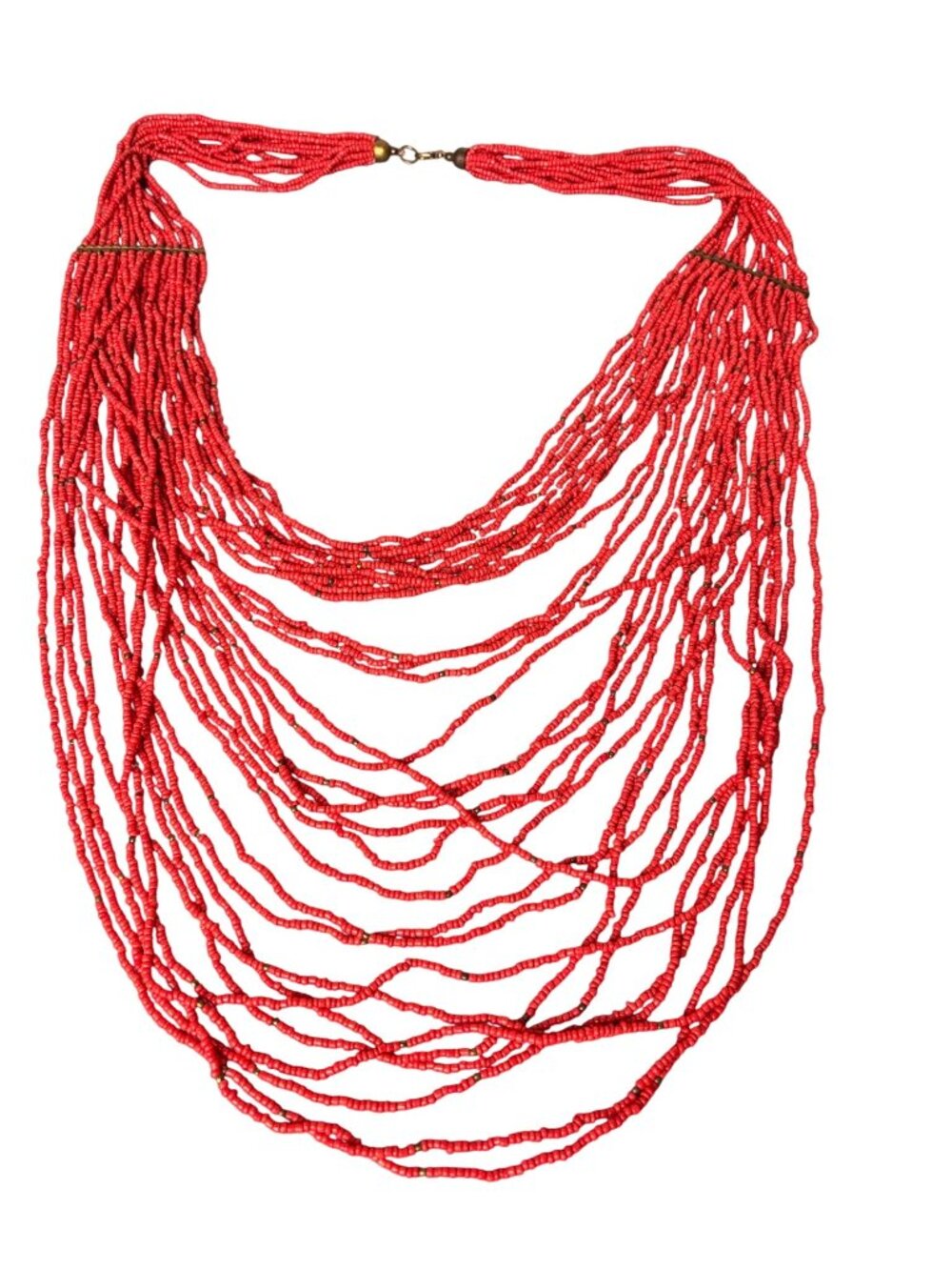 Vtg 90s Red Glass Seed Beaded Statement Bib Necklace Antiqued Multi Strand